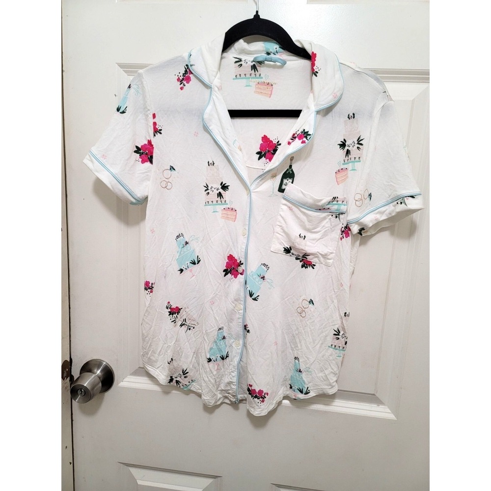 Kate Spade Short Sleeve Button Front Kids Pajama Top Floral & Champagne Print Si
